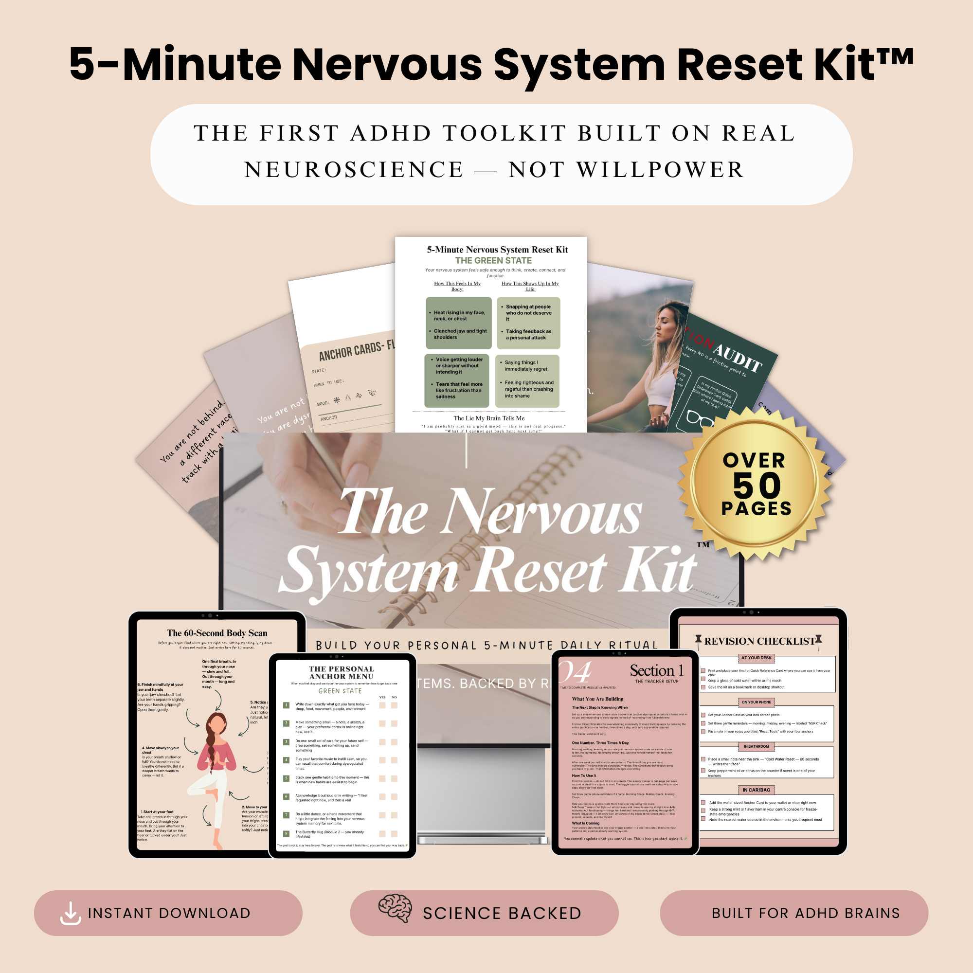 The 5-Minute Nervous System Reset Kit — over 50 pages of ADHD-built tools